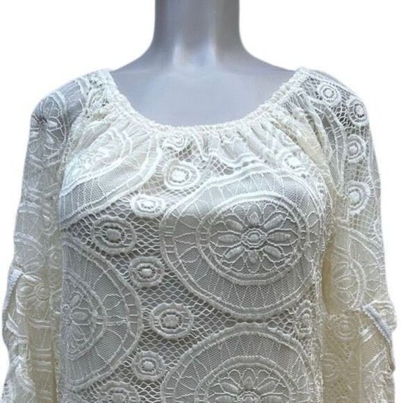 Lace Overlay Blouse Women's Small Cream Crochet Embroidered Ruffle Bell Sleeve - Picture 4 of 15